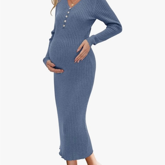 Blue Maternity Ribbed Knit Bodycon Dress - Picture 1 of 6